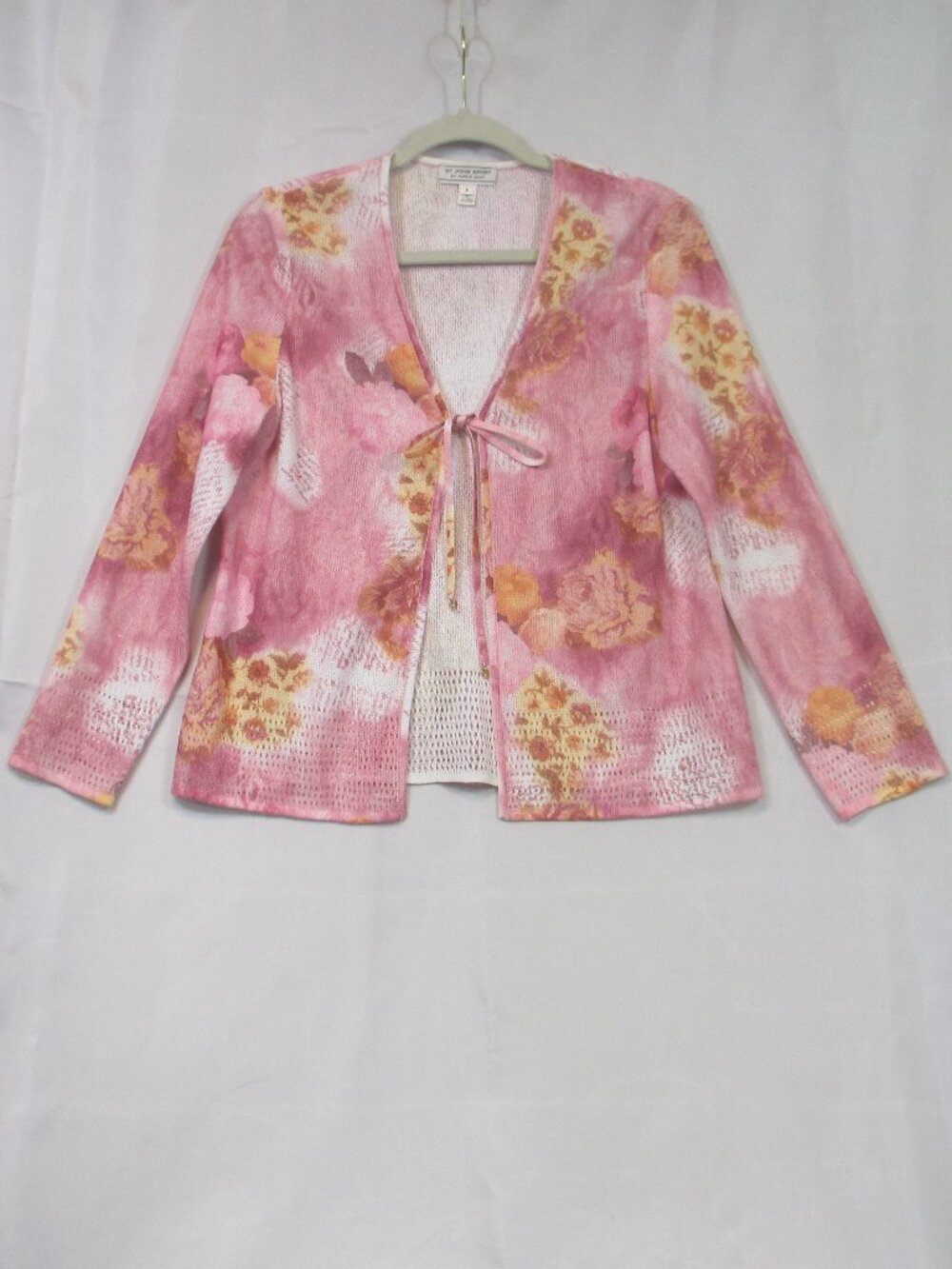 St. John Sport Floral Knit Tie Front Cardigan Pink Pointelle Top Size Small Y2K